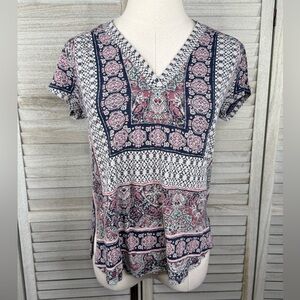 LUCKY BRAND Women's Boho Linen Blend V Neck Tee Pink/Blue-XS